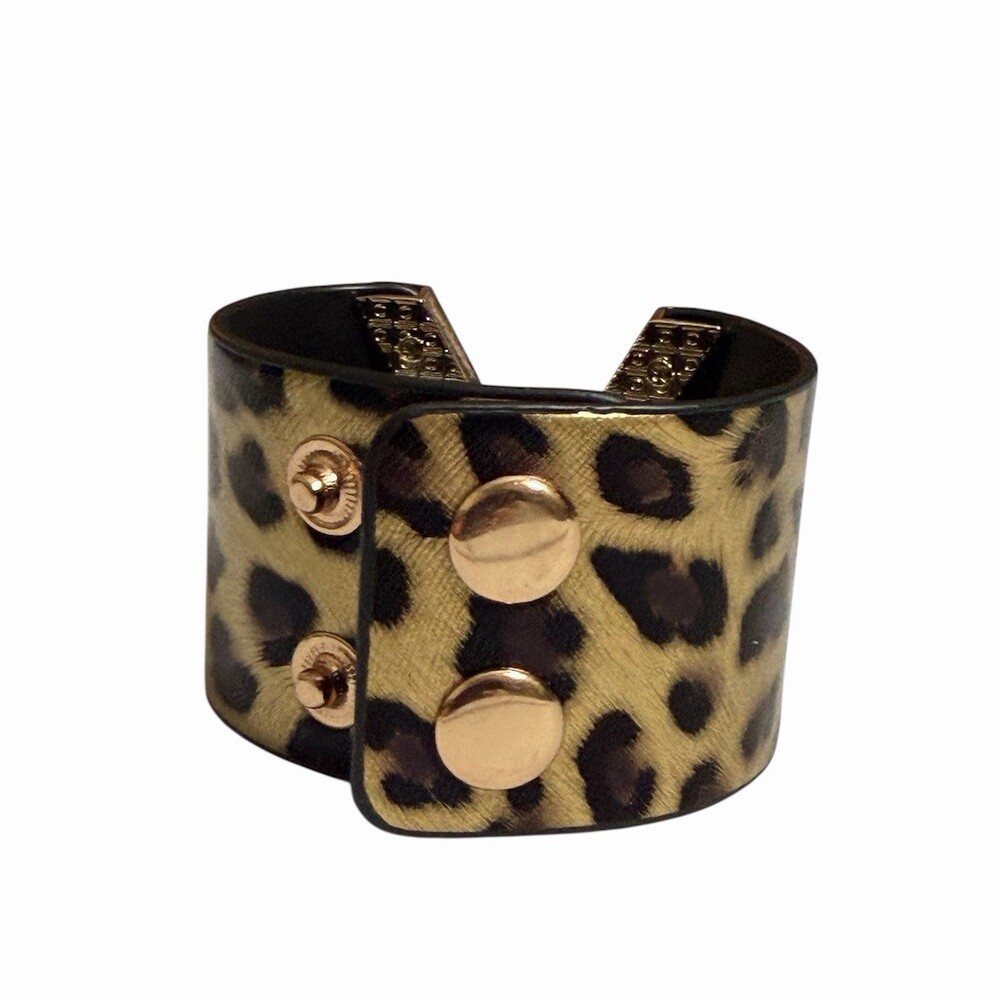 Leopard Print Wrap Cuff Bracelet Multicolor Gold Tone Chevron Snap Closure - Picture 2 of 8